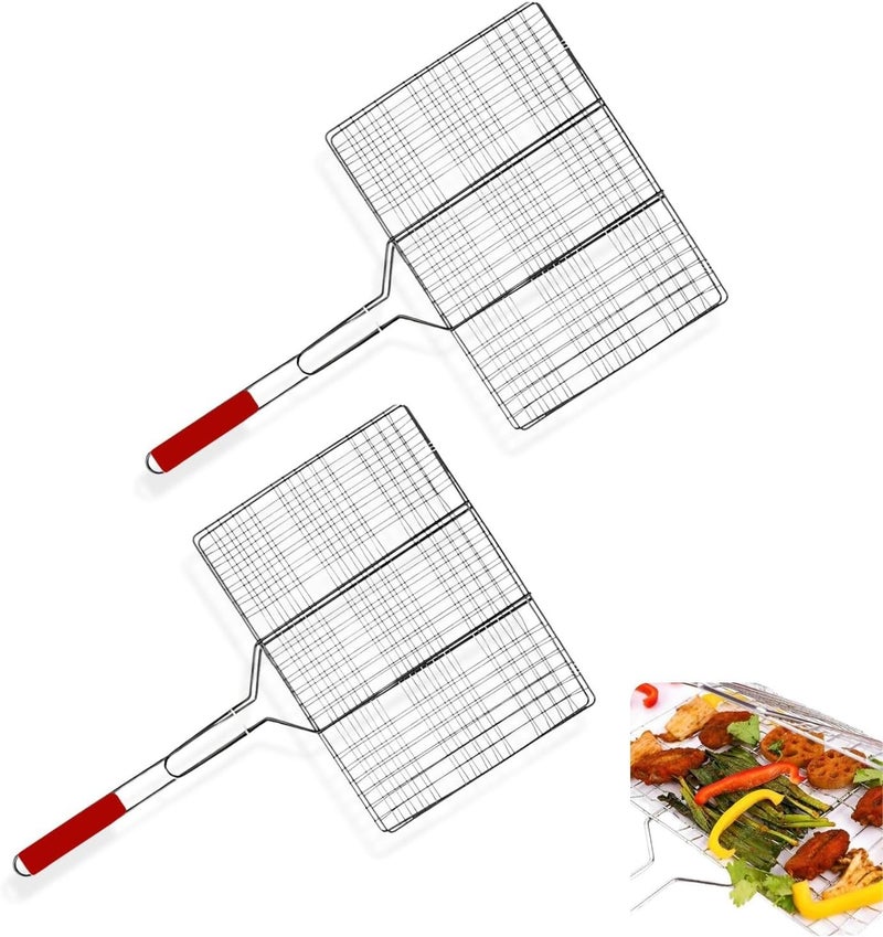 MARKQ سلة شواء باربكيو بمقبض خشبي - سلة باربكيو قابلة للطي محمولة للأسماك والخضروات والجمبري | شبكة قابلة للقفل، سطح شواء كبير من الفولاذ المقاوم للصدأ، فضي - عبوة من 2 - Image 1