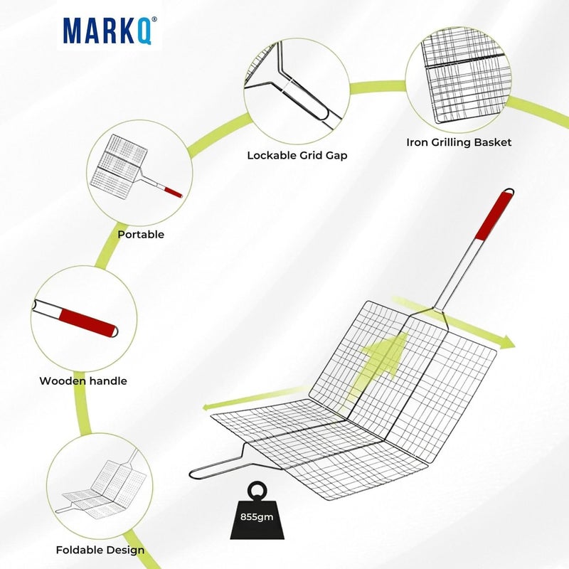 MARKQ سلة شواء باربكيو بمقبض خشبي - سلة باربكيو قابلة للطي محمولة للأسماك والخضروات والجمبري | شبكة قابلة للقفل، سطح شواء كبير من الفولاذ المقاوم للصدأ، فضي - عبوة من 2 - Image 4