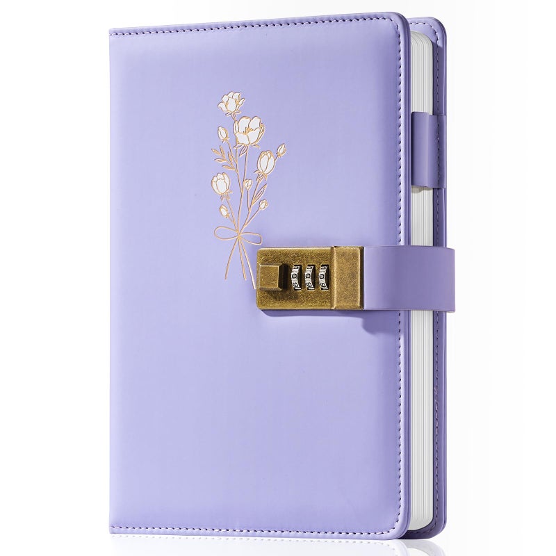 Ovesmusl Diary with Lock for Girls A5 Leather Diary for Women 260 Pages 100 GSM Refillable Journal with Lock for Teens Secrets Flower Journals with Combination Passwords, 5.7"x8.3", Purple - Image 1