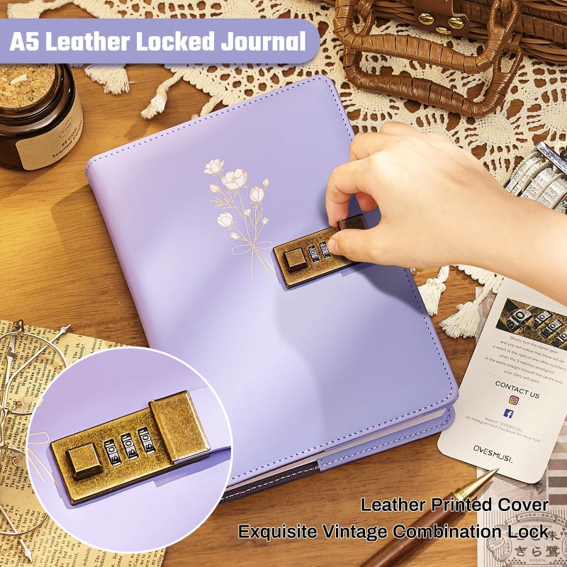 Ovesmusl Diary with Lock for Girls A5 Leather Diary for Women 260 Pages 100 GSM Refillable Journal with Lock for Teens Secrets Flower Journals with Combination Passwords, 5.7"x8.3", Purple - Image 5