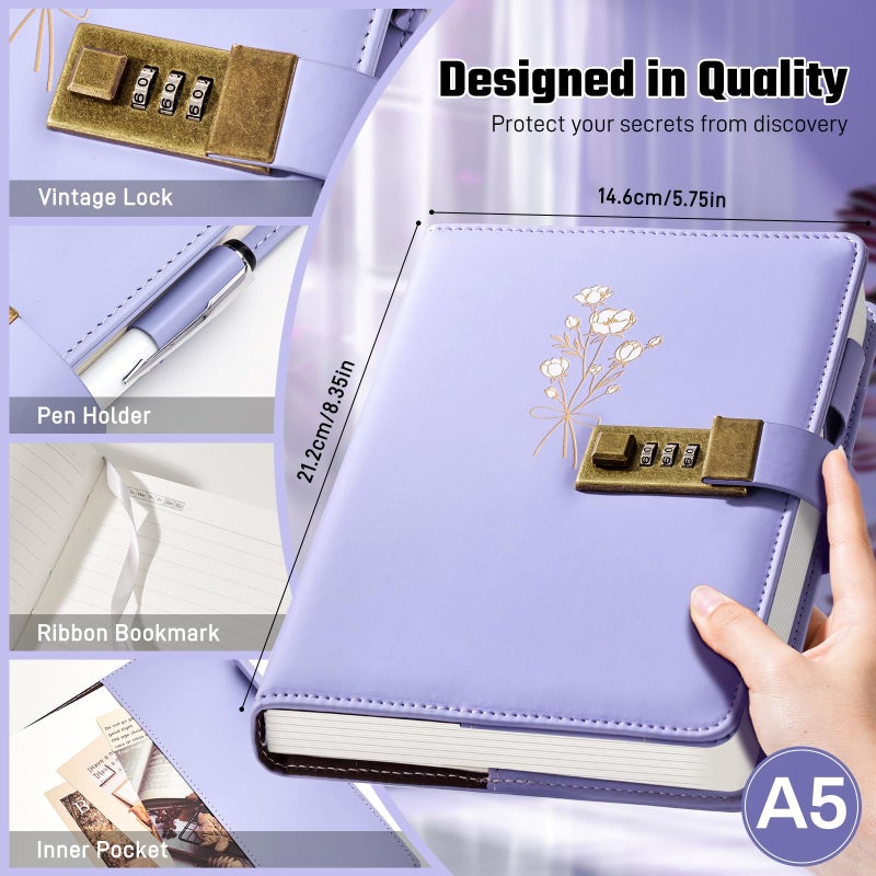 Ovesmusl Diary with Lock for Girls A5 Leather Diary for Women 260 Pages 100 GSM Refillable Journal with Lock for Teens Secrets Flower Journals with Combination Passwords, 5.7"x8.3", Purple - Image 3
