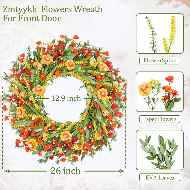 Zmtyykh 26" Floral Wreath, Artificial Spring Wreaths for Front Door, with Wildflower Portulaca Flowers, Indoor Outdoor Porch Window Wall Home Decor for Valentineâ€™s Day Easter, Summer & Wedding Orange - Image 2