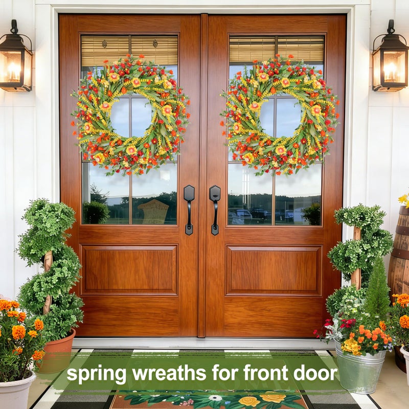 Zmtyykh 26" Floral Wreath, Artificial Spring Wreaths for Front Door, with Wildflower Portulaca Flowers, Indoor Outdoor Porch Window Wall Home Decor for Valentineâ€™s Day Easter, Summer & Wedding Orange - Image 4