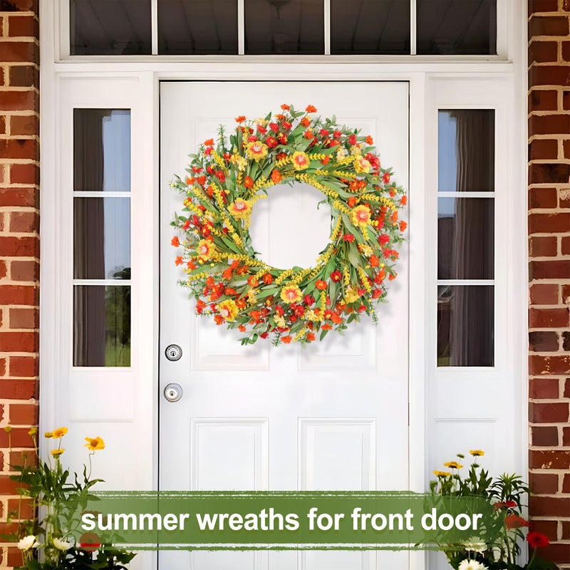 Zmtyykh 26" Floral Wreath, Artificial Spring Wreaths for Front Door, with Wildflower Portulaca Flowers, Indoor Outdoor Porch Window Wall Home Decor for Valentineâ€™s Day Easter, Summer & Wedding Orange - Image 5