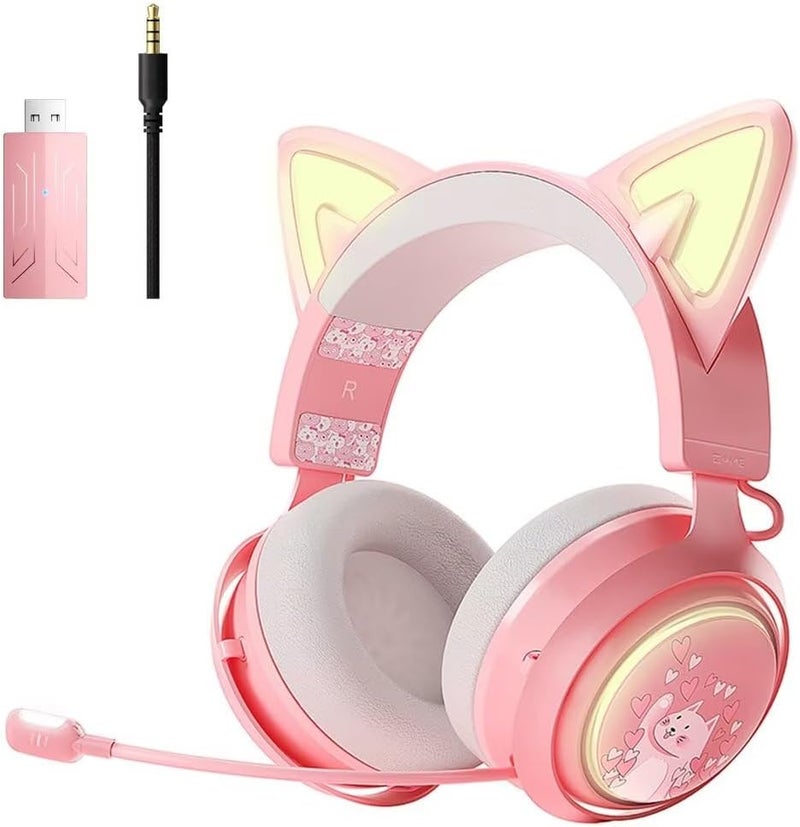 Somic Cat Ear Headphones, 2.4G/Bluetooth Wireless Gaming Headset for PS5, PS4, PC with RGB Lights and Retractable Mic, 10Hrs Playtime, 7.1 Surround Sound for Laptop, Smartphone-GS510 Pro - Pink - Image 1