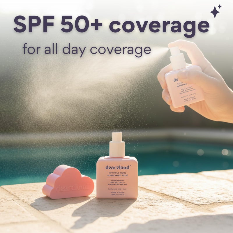 dearcloud Luminous Aqua Sun Mist SPF 30 â€“ Cica & Hyaluronic Acid â€“ Korean Sunscreen â€“ Spray Sunscreen for Face & Body (3.38 Fl oz) - Image 4