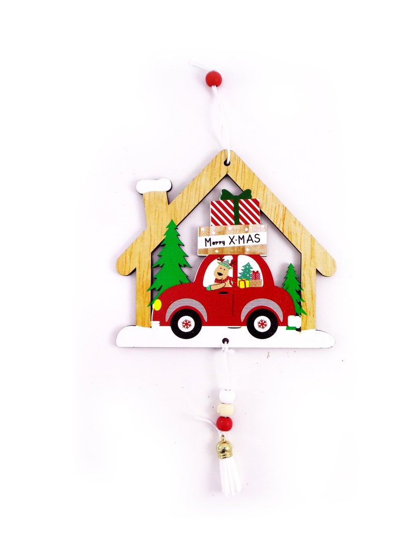 عرض خشبي معلق من Merry X-mas مع سيارة مصممة لديكور الكريسماس 13x14 سم- (عبوة من 1 قطعة) - Image 1