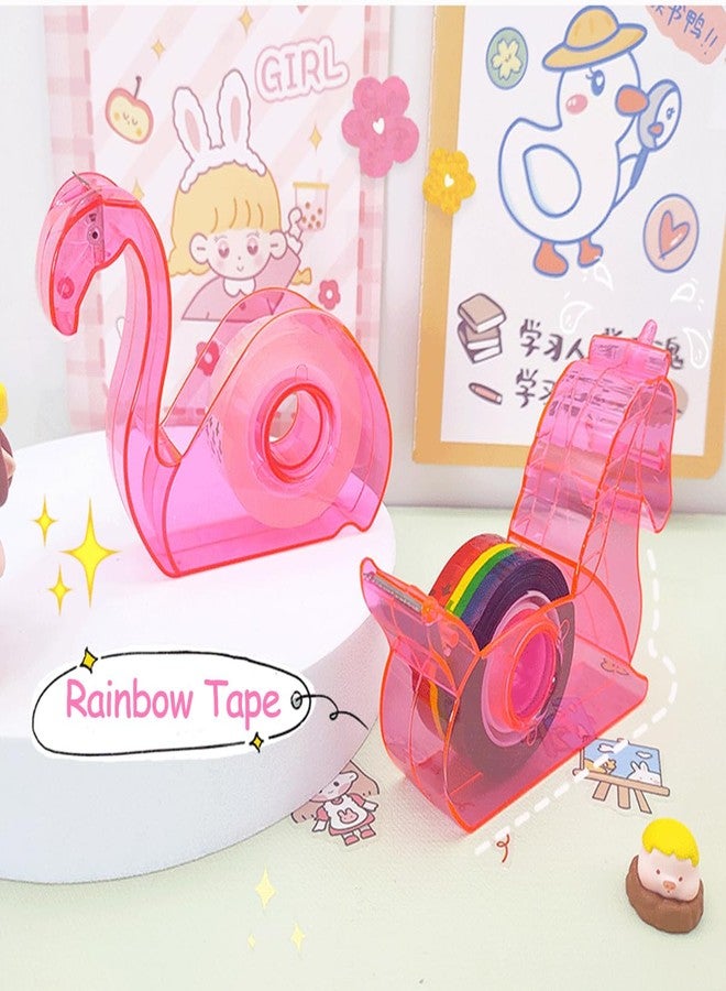 Hibucuo Cute Tape Dispenser Desktop, Cartoon Flamingos Tape Holder Portable Tape Cutter Kids School Office Accessory Tape 3/4 Inch Pink - Image 2