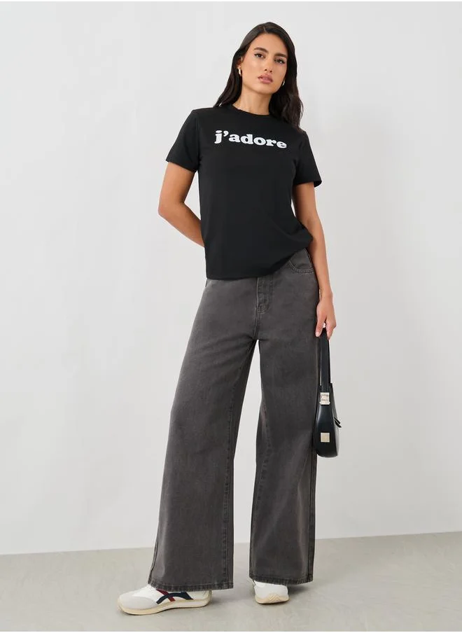 ستايلي Styli Slogan Print Round Neck Short Sleeve T-Shirt