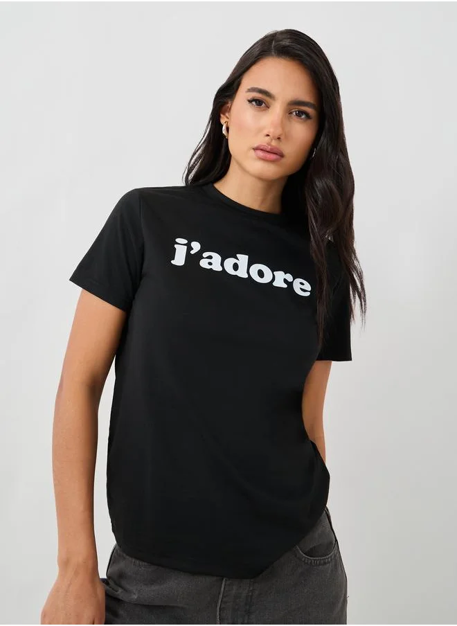 ستايلي Styli Slogan Print Round Neck Short Sleeve T-Shirt