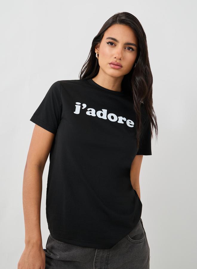 Styli Styli Slogan Print Round Neck Short Sleeve T-Shirt  - Image 1