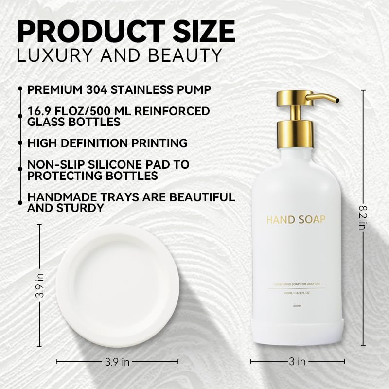 Janxin Glass Soap Dispenser Set by Janxin,Bathroom Soap Dispenser Set with Ceramic Tray,Luxury Bathroom Accessories,Modern Kitchen Decor (White+Gold(Hand Soap)) - Image 2