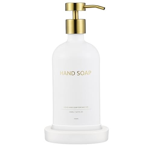Janxin Glass Soap Dispenser Set by Janxin,Bathroom Soap Dispenser Set with Ceramic Tray,Luxury Bathroom Accessories,Modern Kitchen Decor (White+Gold(Hand Soap)) - Image 1