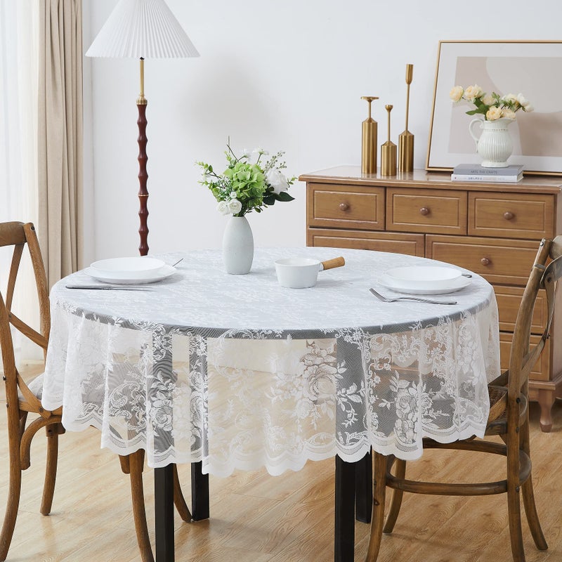 LinenZone Beautiful Round Lace Tablecloth with Elegant Scalloped Bottom for Any Special Event Such as Wedding Birthday Party Baby Shower Anniversary Sits 4 to 6 People Luna TC 70 Round White