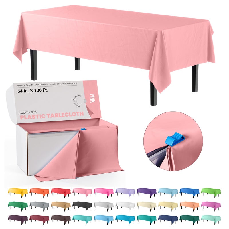 Party Solids Exquisite Party Solids 54 Inch X 100 Feet Pink Plastic Table Cover Roll in A Cut  to  Size Box with Convenient Slide Cutter Cuts Up to 12 Rectangle 8 Feet Plastic Disposable Tablecloths