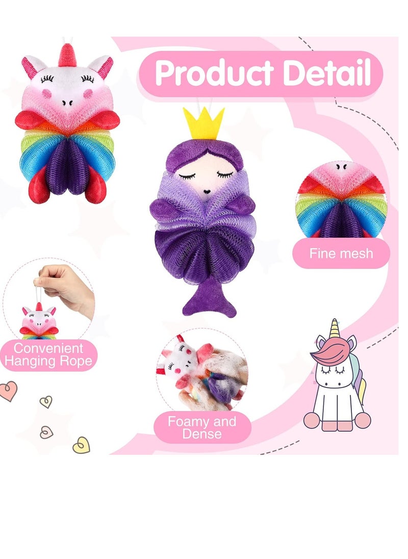 Nuenen - 2 Pcs Bath Loofahs Kids Toddler Body Loofahs Cute Cartoon Kids Loofah Kid Bath Sponges Loofah Bath Pouf Body Scrubber Mesh Loofah Sponges for Children Shower Washing Exfoliating (Unicorn, Princess) - Image 1