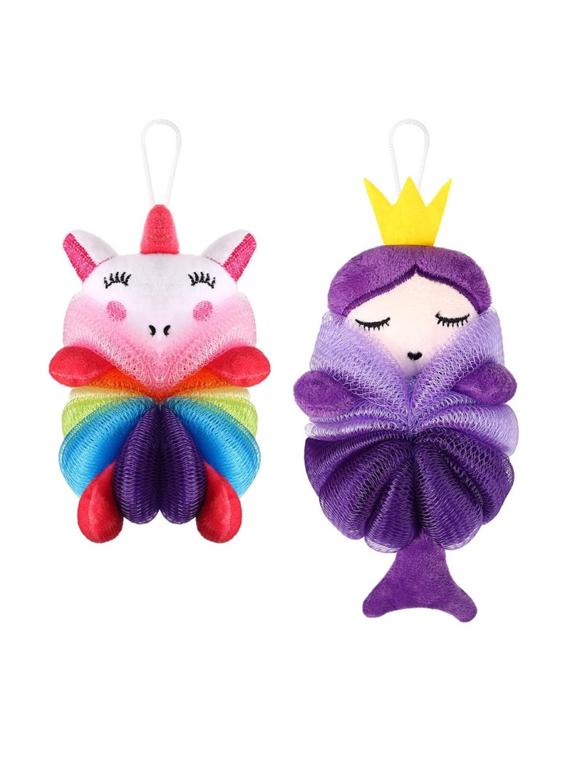 Nuenen - 2 Pcs Bath Loofahs Kids Toddler Body Loofahs Cute Cartoon Kids Loofah Kid Bath Sponges Loofah Bath Pouf Body Scrubber Mesh Loofah Sponges for Children Shower Washing Exfoliating (Unicorn, Princess) - Image 1