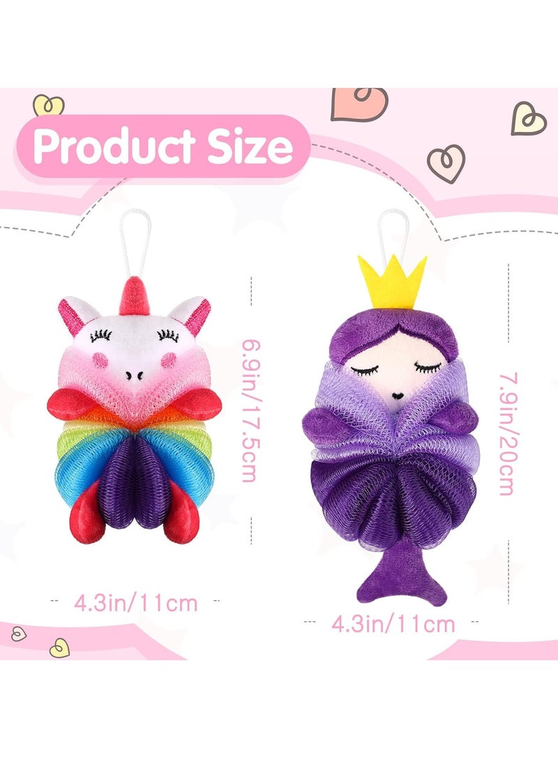 Nuenen - 2 Pcs Bath Loofahs Kids Toddler Body Loofahs Cute Cartoon Kids Loofah Kid Bath Sponges Loofah Bath Pouf Body Scrubber Mesh Loofah Sponges for Children Shower Washing Exfoliating (Unicorn, Princess) - Image 1