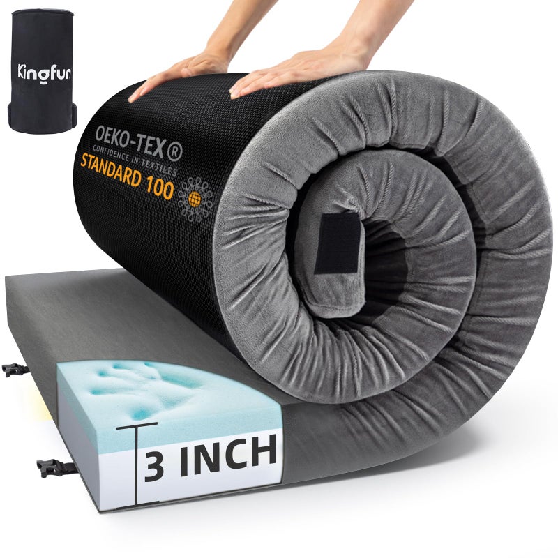 Kingfun 3 Inch CertiPUR-US Memory Foam Camping Mattress, Waterproof Roll up Sleeping Pad for Adults, Comfortable Thick Floor Sleeping Mats for Car Truck Tent with Removable Travel Bag, Single - Image 1