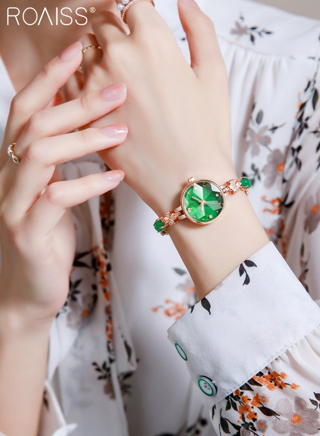roaiss Women's Quartz Watch Analog Display Round Dial Decorated with Rhinestones Waterproof Luxury Light Luxury Fashion Wristwatch with Emerald Chalcedony Bracelet as Gift for Ladies - Image 2