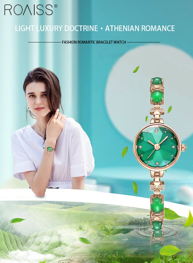 roaiss Women's Quartz Watch Analog Display Round Dial Decorated with Rhinestones Waterproof Luxury Light Luxury Fashion Wristwatch with Emerald Chalcedony Bracelet as Gift for Ladies - Image 3