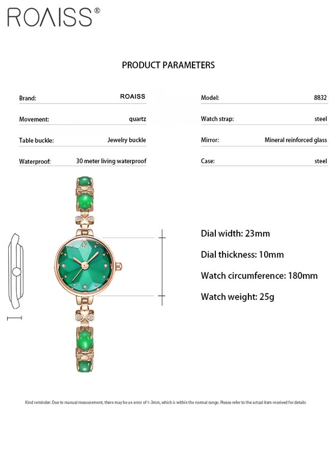 roaiss Women's Quartz Watch Analog Display Round Dial Decorated with Rhinestones Waterproof Luxury Light Luxury Fashion Wristwatch with Emerald Chalcedony Bracelet as Gift for Ladies - Image 4