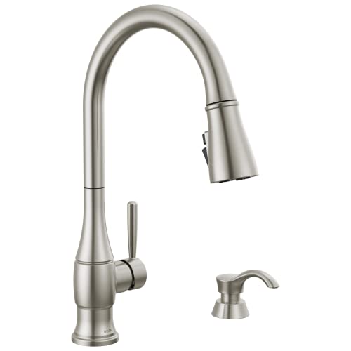 Delta Hazelwood Brushed Nickel Kitchen Faucet with Pull Down Sprayer and Soap Dispenser Modern Single Hole Kitchen Sink Faucet Single Handle Spotshield Stainless 19831ZSPSDDST - Image 1
