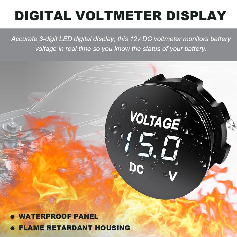 FSTURIOS DC 12V 24 V Voltmeter Gauge, Car LED Digital Display Round Panel Voltage Gauge Meter, Waterproof Mini Volt Tester Battery Monitor Indicator for Car Truck Marine Boat (White) - Image 5
