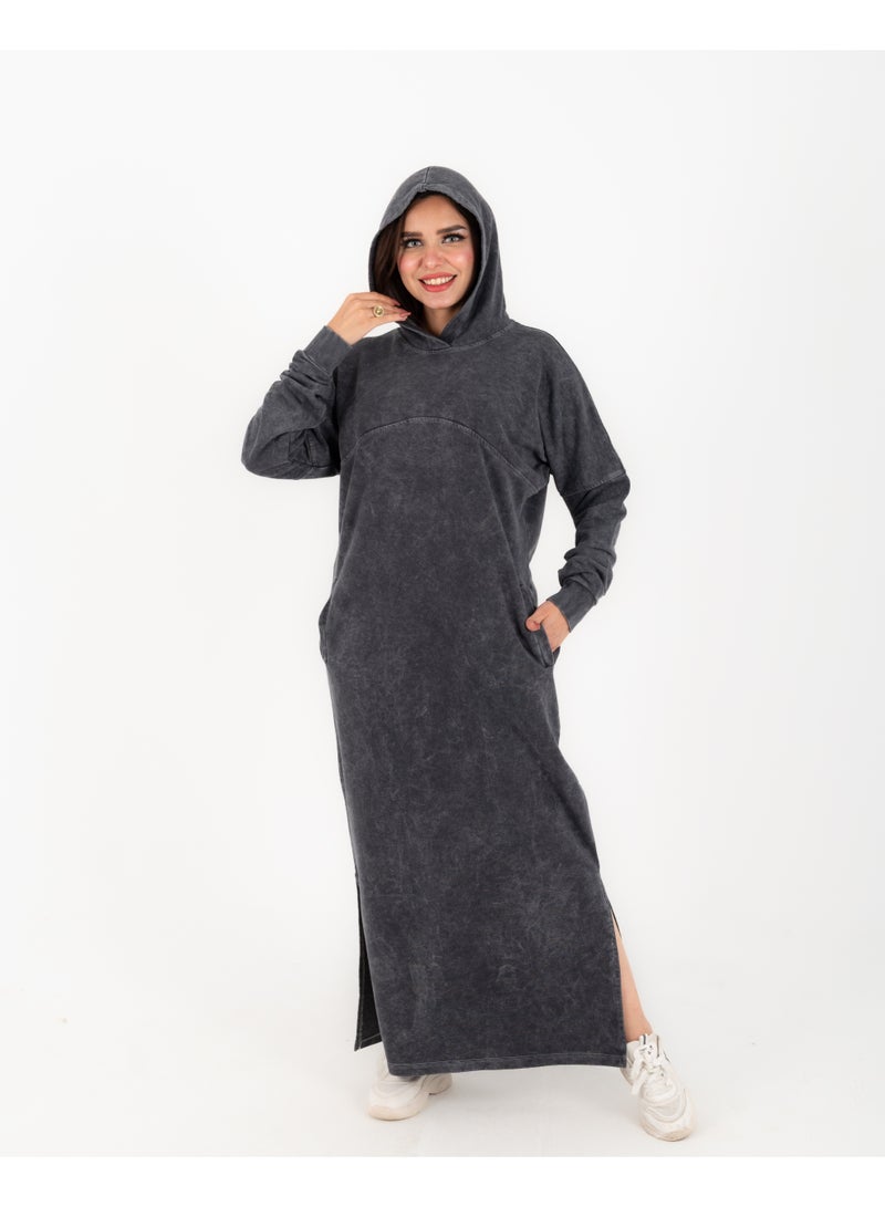 فستان حريمي شتوي هودي قطن ميلتون تقيل – قصّة واسعة مريحة بجيبين رمادي غامق محجر تصميم عصري وعملي للاستخدام اليومي مثالي للعمل والنادي والخروج والتسوق ومريح للصلاة والتراويح - Image 1