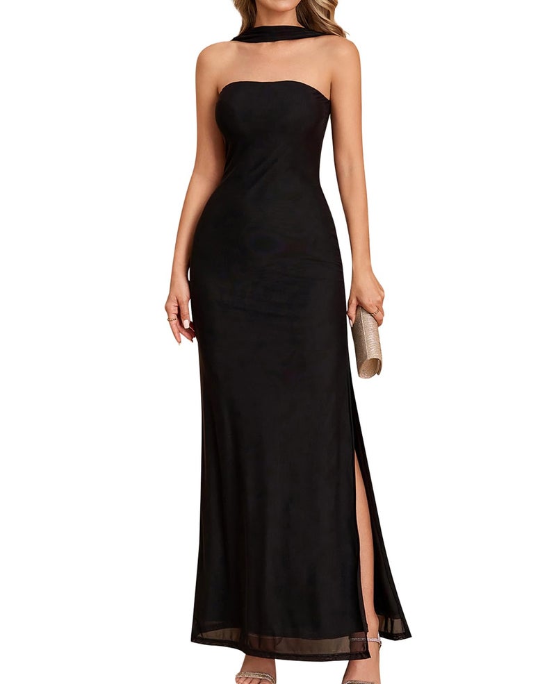 GLNEGE Formal Wedding Guest Bodycon Maxi Dress with Scarf Mesh Slit Elegant Tube Cocktail Party Dresses for Women Black - Image 1