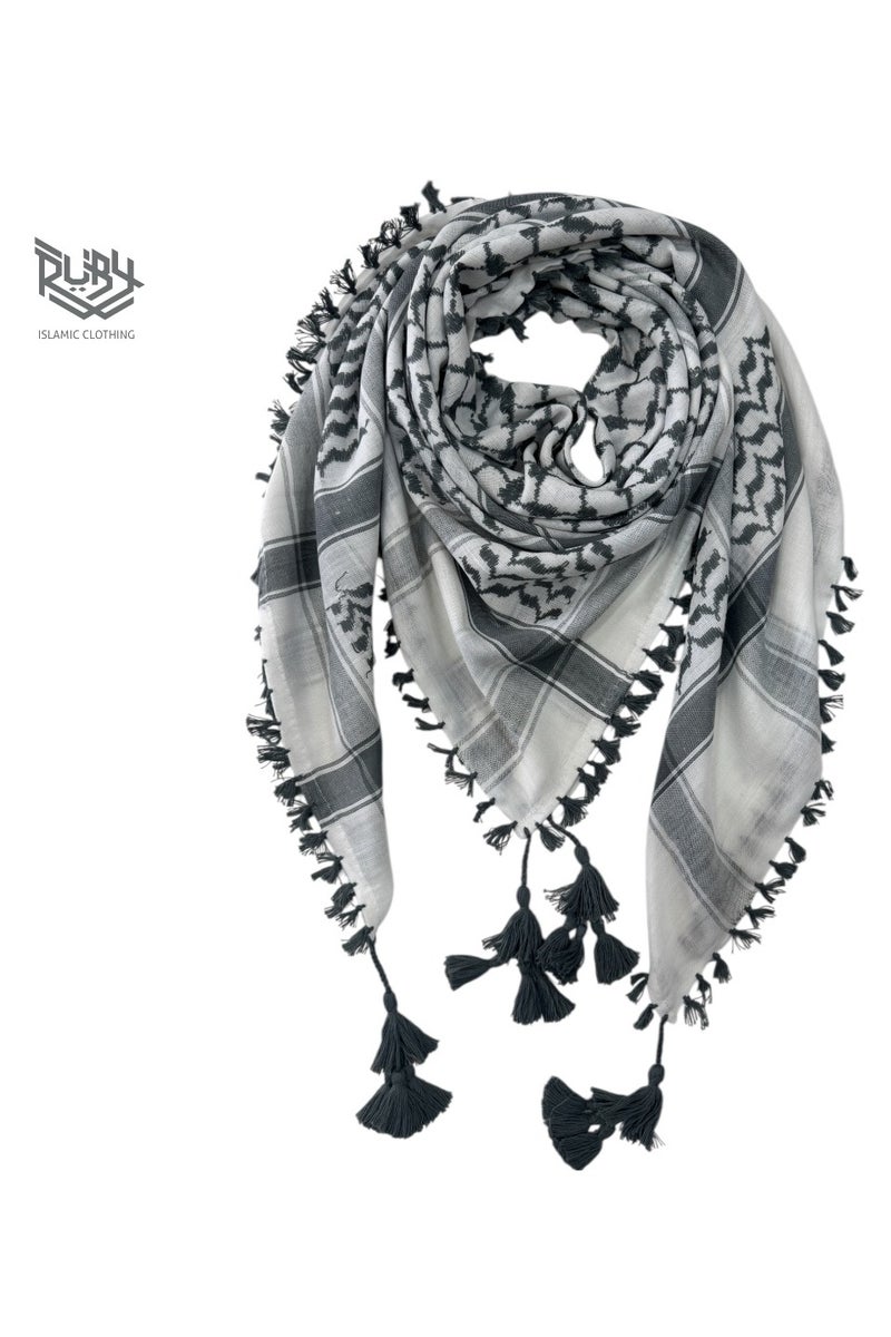 RUBY ISLAMIC CLOTHING Traditional Arab Style Shemagh Keffiyeh Scarf for Men | Middle East Desert Headwear & Face Wrap | Cultural Arabic Costume Accessory – Versatile & Lightweight (Grey & White) 