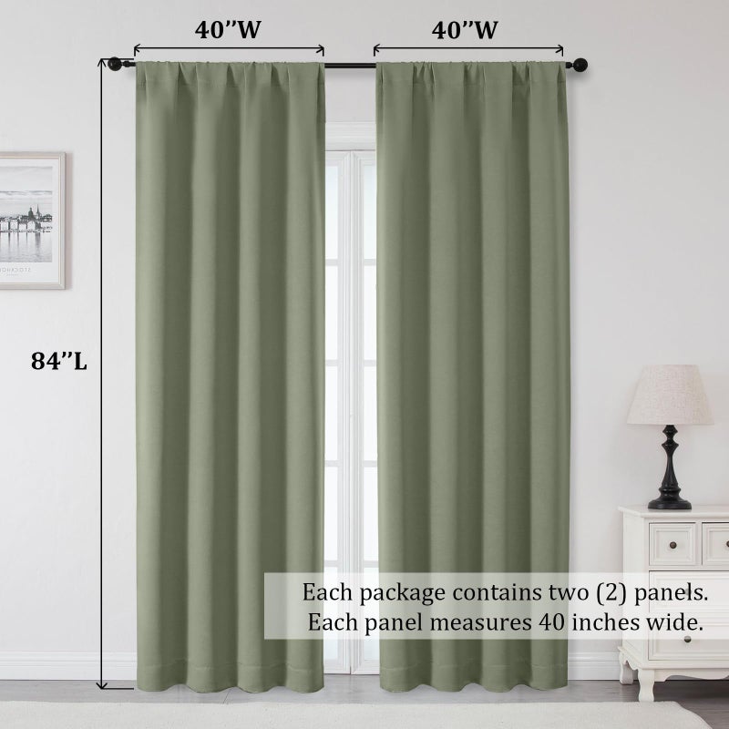 OWENIE Sally Sage Green Blackout Curtains 84 Inches Long 2 Panels Set for Bedroom Living Room, Solid Thermal Insulated Privacy Room Darkening Window Treatment Drapes, 2 Pcs Each W40 x L84 Inch, Sage - Image 5