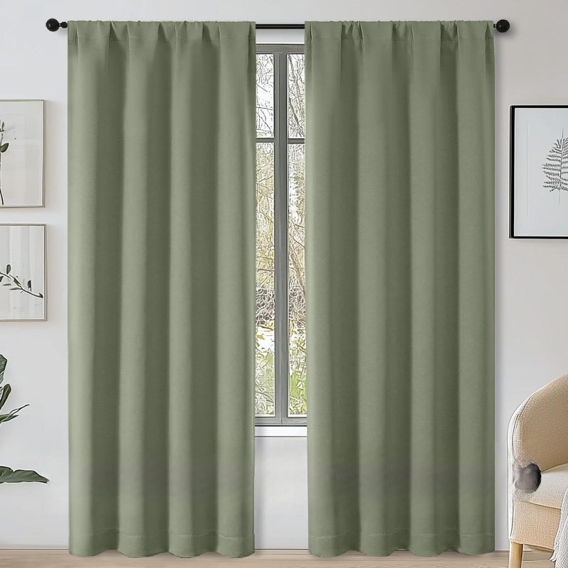 OWENIE Sally Sage Green Blackout Curtains 84 Inches Long 2 Panels Set for Bedroom Living Room, Solid Thermal Insulated Privacy Room Darkening Window Treatment Drapes, 2 Pcs Each W40 x L84 Inch, Sage - Image 1