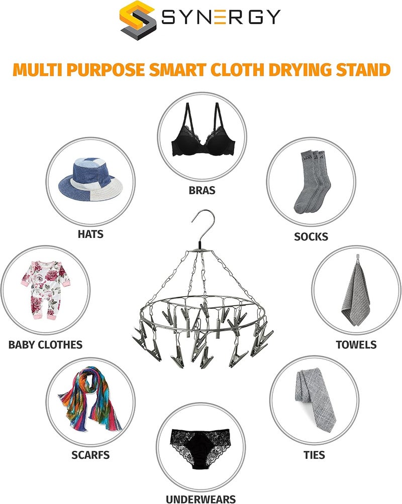 SYNERGY - 24 Clips - Stainless Steel Round Cloth Dryer/Clothes Drying Stand/Hanger with Clips (Clothes Peg) Medium weight - Image 4