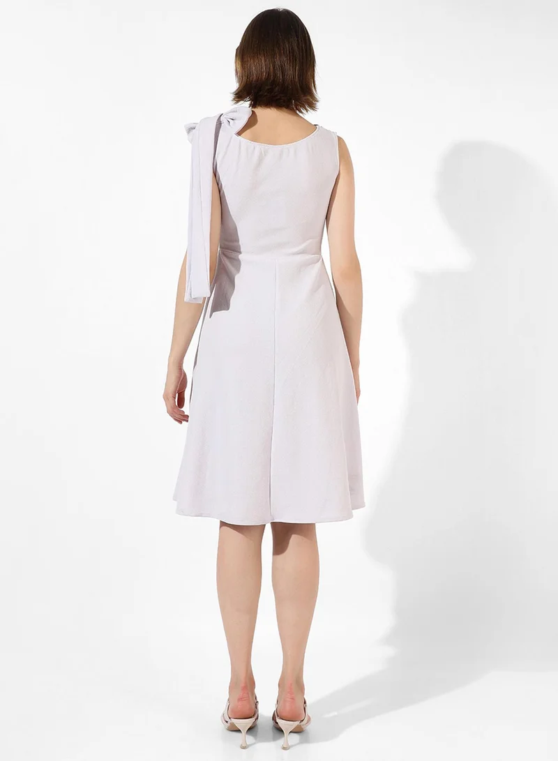 PINACOLADA Women's Ivory White Midi Dress With Ribbon Detail For Casual Wear | V-Neck | No Sleeves | Pull On Closure | Dress Designed With Comfortable Fit For Woman & Girls
