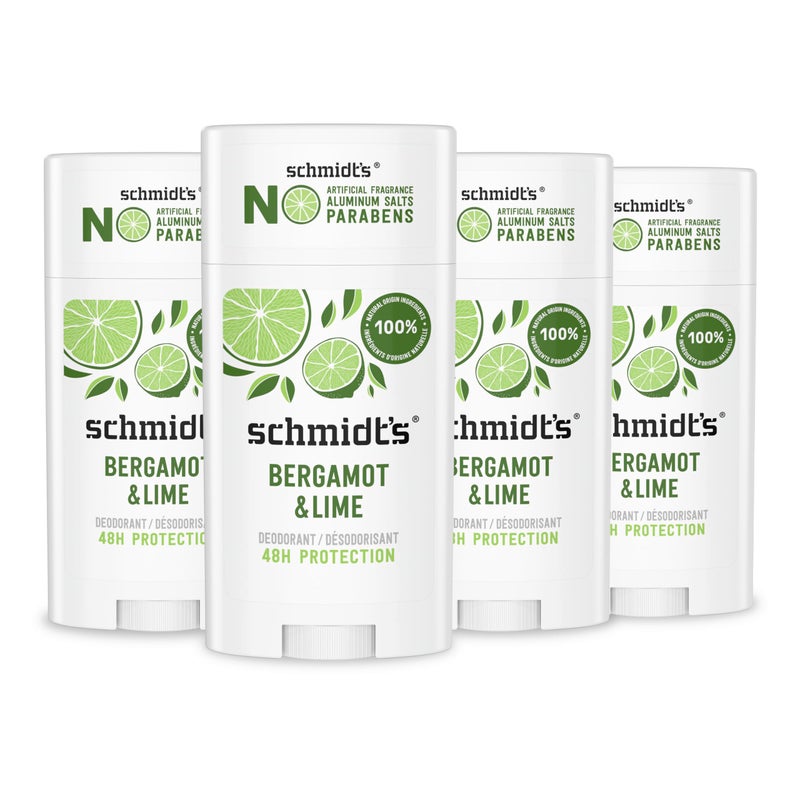 Schmidt's Aluminum-Free Vegan Deodorant Bergamot & Lime 4 Count for Women and Men, with 24 Hour Odor Protection, Natural Ingredients, Cruelty-Free, 2.65 oz - Image 1