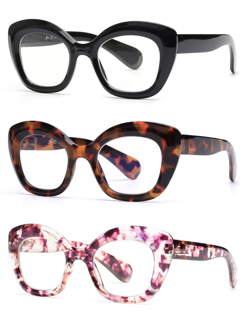 JM 3 Pack Oversized Cat Eye Reading Glasses for Women Funky Blue Light Flexible Cateye Readers 15