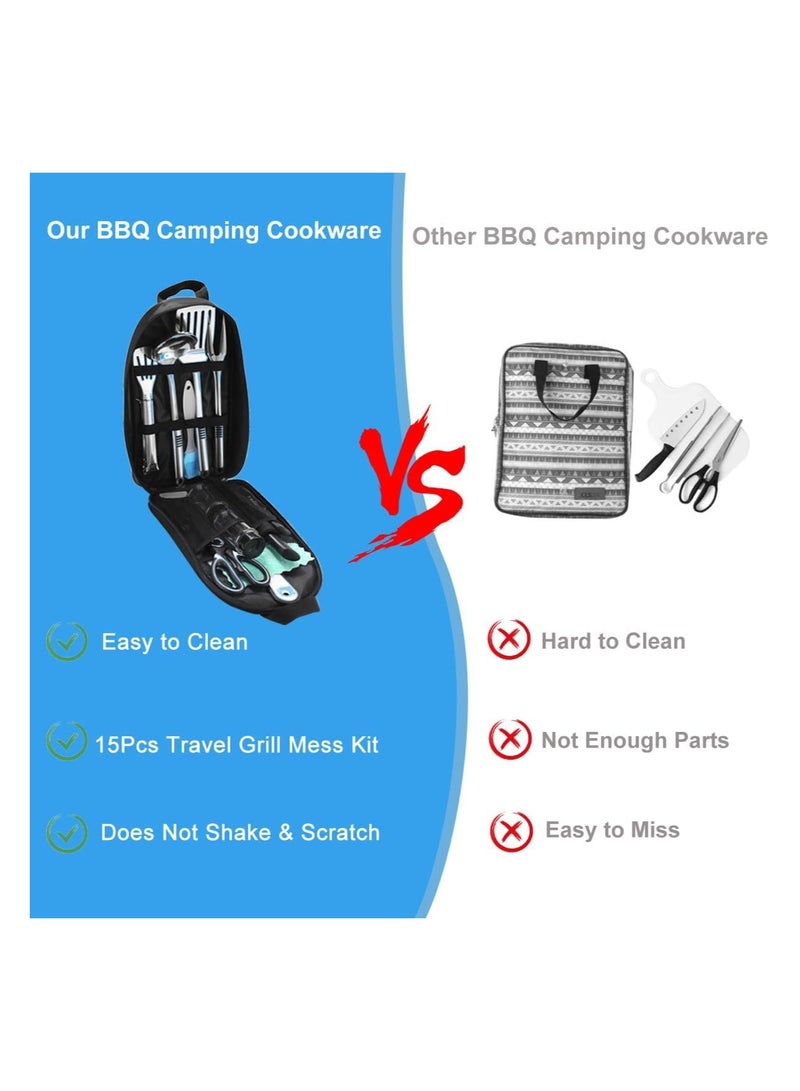 Camping Kitchen Utensil Set 15pcs – Portable BBQ Cookware Organizer, Compact Stainless Steel Camping Cooking Accessories with Case for Outdoor Campfire, Picnic, Travel & Backpacking - Image 4