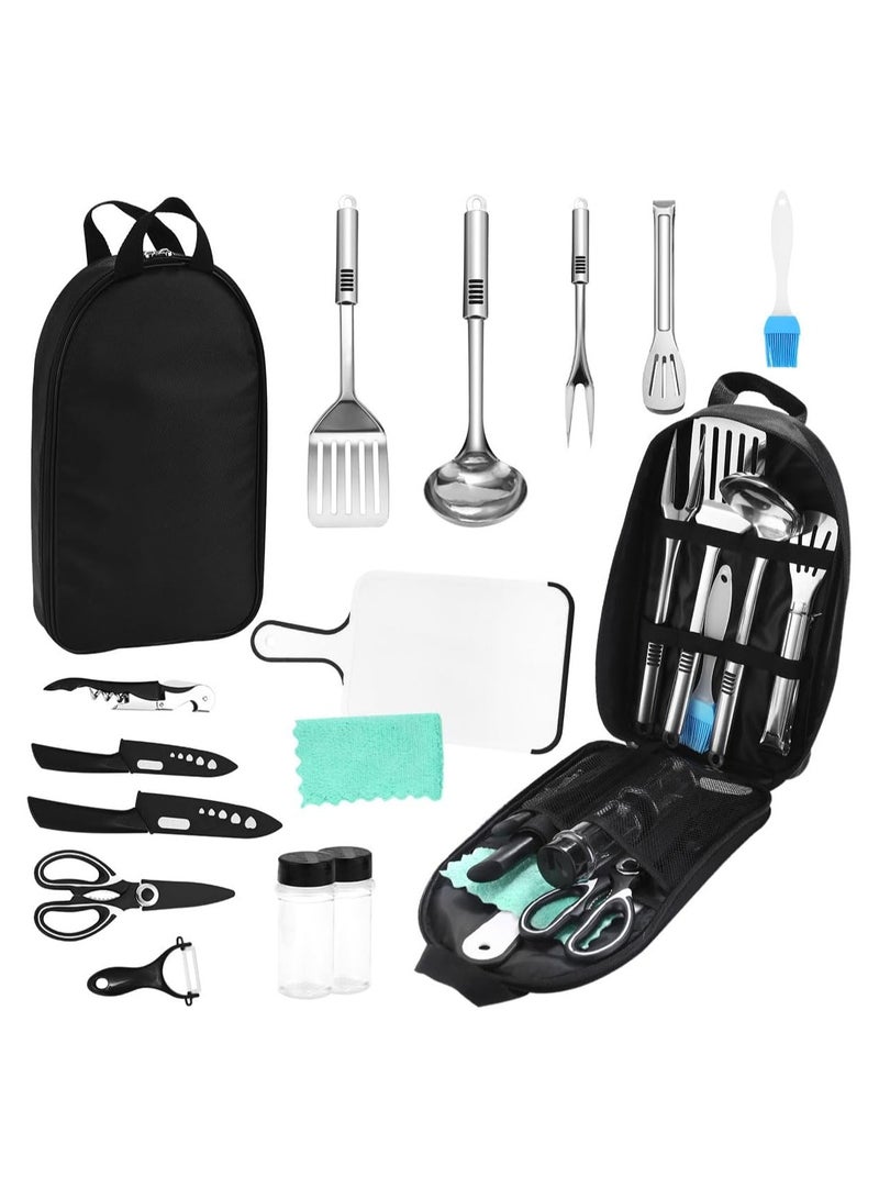 Camping Kitchen Utensil Set 15pcs – Portable BBQ Cookware Organizer, Compact Stainless Steel Camping Cooking Accessories with Case for Outdoor Campfire, Picnic, Travel & Backpacking - Image 1