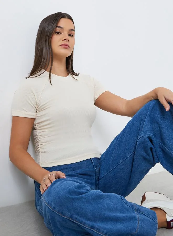 Styli Styli Women Cream Ribbed Fitted T-Shirt