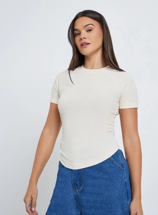 Styli Styli Women Cream Ribbed Fitted T-Shirt