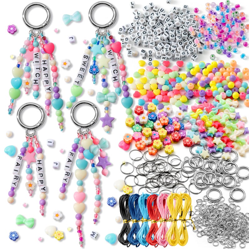 WATINC DIY Keychain Making Crafts Kits Adjustable Letter Alphabet Beads Strings Keychain Flower Star Bow Shapes Beads Bulk Bag Charms with Key Ring Supplies Jewelry Accessories Making Kit 471Pcs