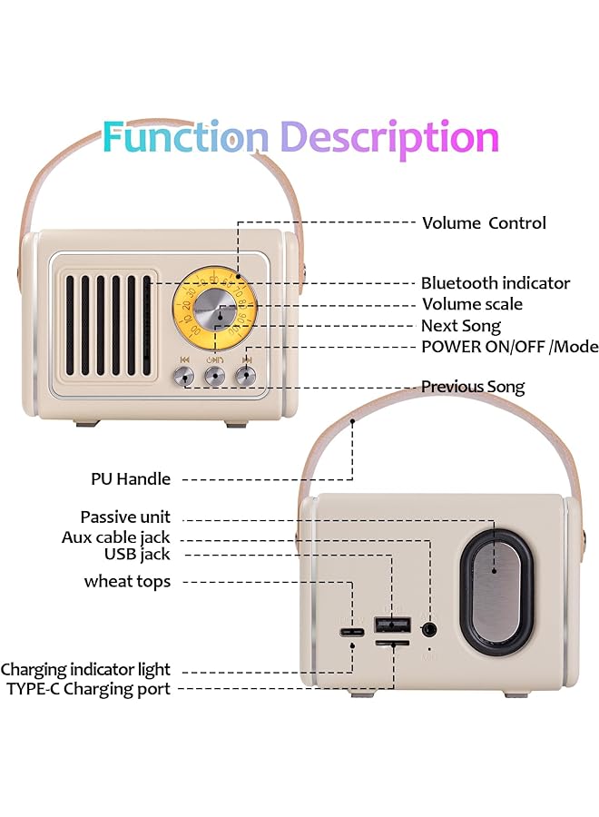 erorex Retro Bluetooth Speaker Vintage Room Decor Fm Radio Portable Mini Wireless Bluetooth Speaker Aesthetic Style For Office Kitchen Desk Bedroom Outdoor Accessories Support Usb Tf Card Aux Beige  - Image 5
