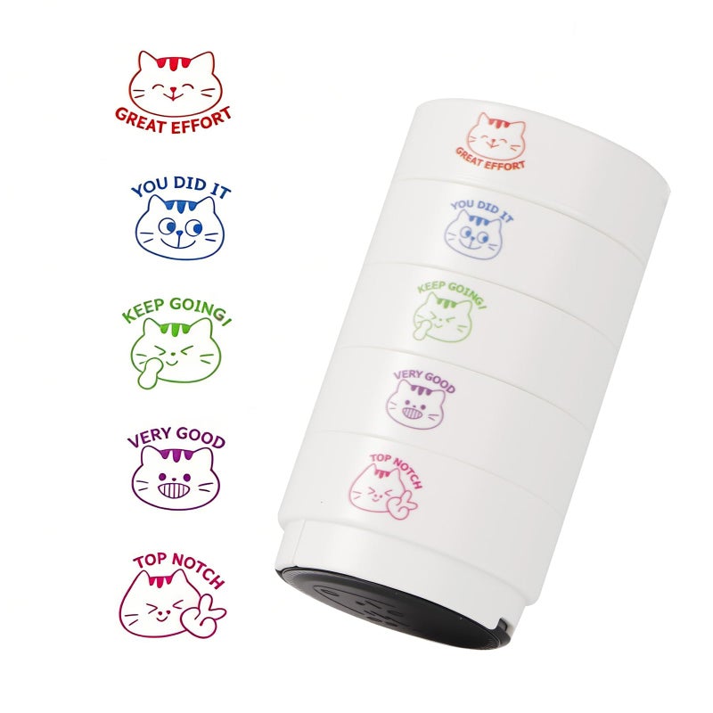WEJOIN 5-in-1 Teacher Stamp Set - Cat Theme Stampers for School Classroom Grading & Homework, Cute Round Colorful Teachersâ€™ Stationery Assisted Tools Stamps On Motivational Encouraging - Image 1