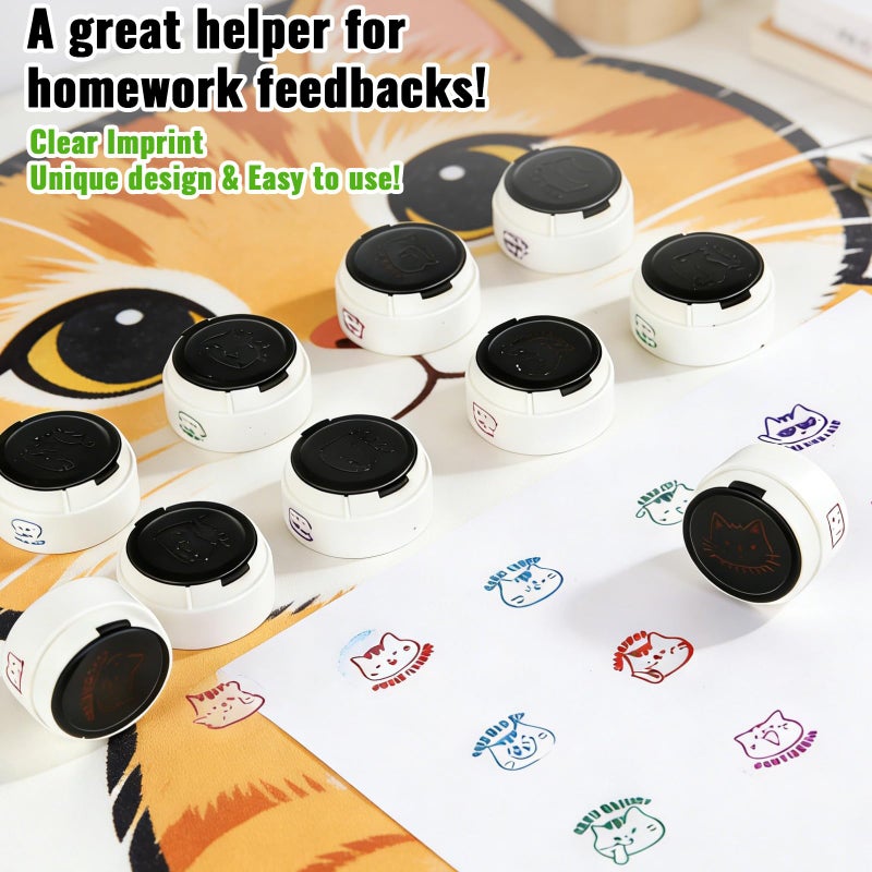 WEJOIN 5-in-1 Teacher Stamp Set - Cat Theme Stampers for School Classroom Grading & Homework, Cute Round Colorful Teachersâ€™ Stationery Assisted Tools Stamps On Motivational Encouraging - Image 3