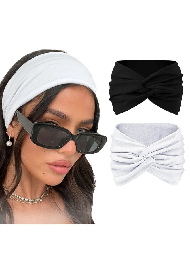 طقم مكون من طوقين شعر قطن محاك للنساء، 95% قطن، بتصميم توربان بعقدة أنيقة، أكسسوارات شعر للنساء والفتيات (أسود وأبيض) - Image 1