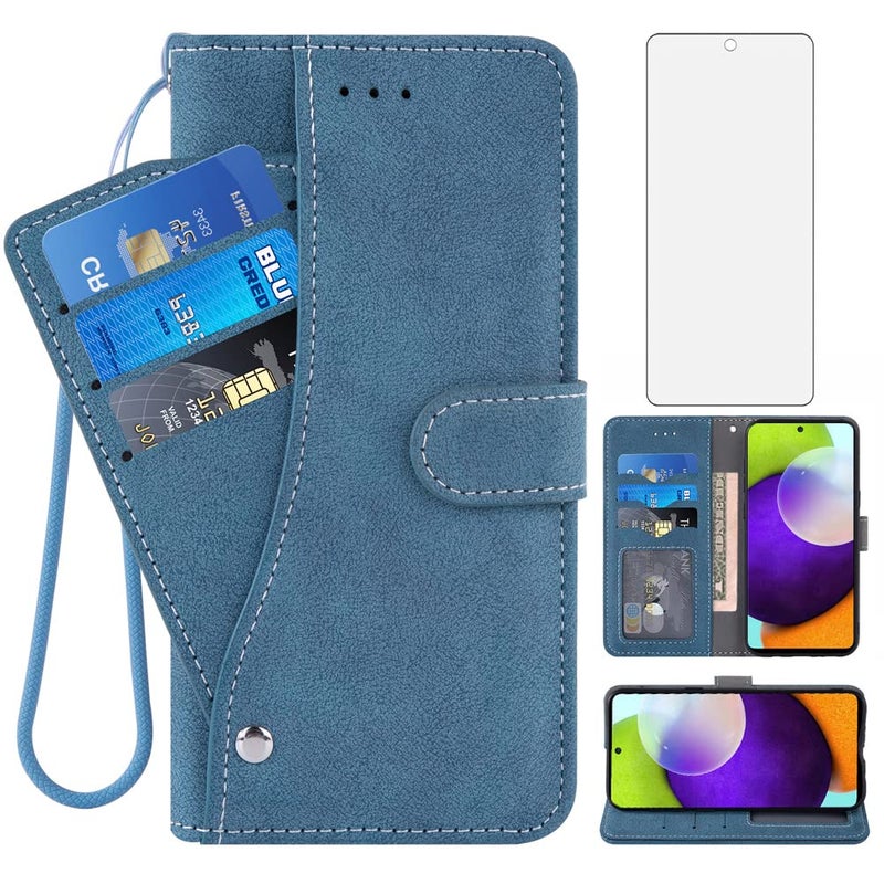 Asuwish Compatible with Samsung Galaxy A52A52S 5G Wallet Case and Tempered Glass Screen Protector Flip Card Holder Stand Cell Accessories Phone Cover for Glaxay A 52 S 4G G5 Gaxaly 52A S52 52S Blue