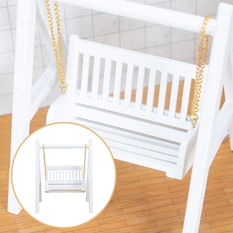 klarako 1/12 Scale Handcrafted Mini Porch Swing Dollhouse Model Furniture Scene for Backyard Patio - White - Image 1