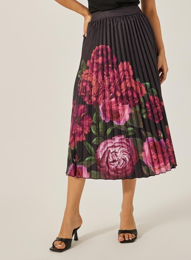 Styli Floral Print High-Rise A-Line Pleated Midi Skirt  - Image 2