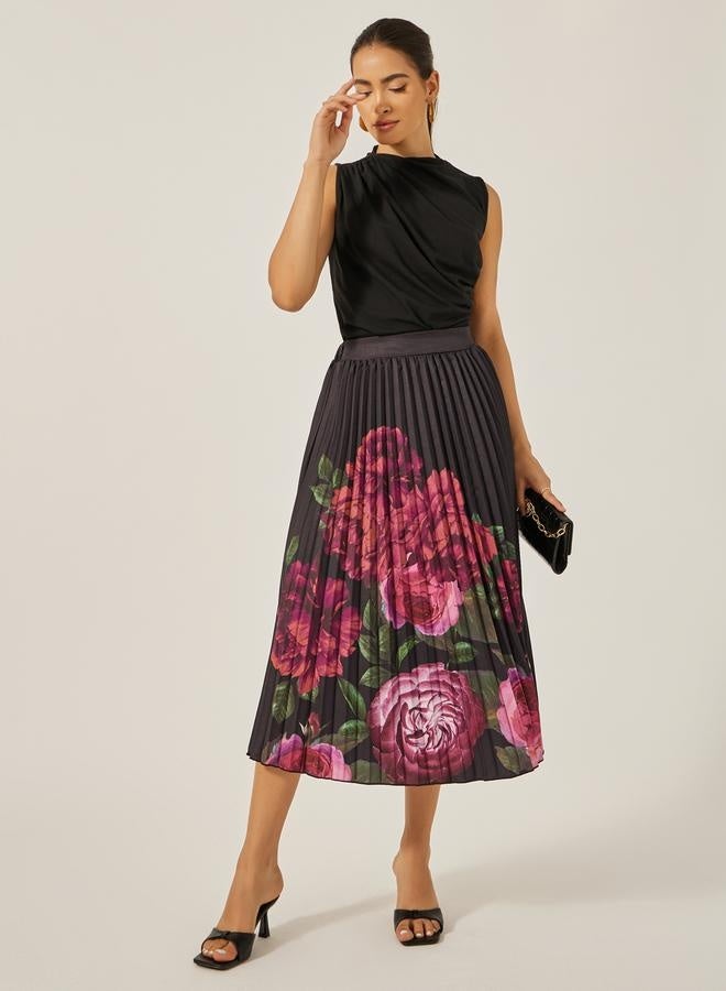 Styli Floral Print High-Rise A-Line Pleated Midi Skirt  - Image 1